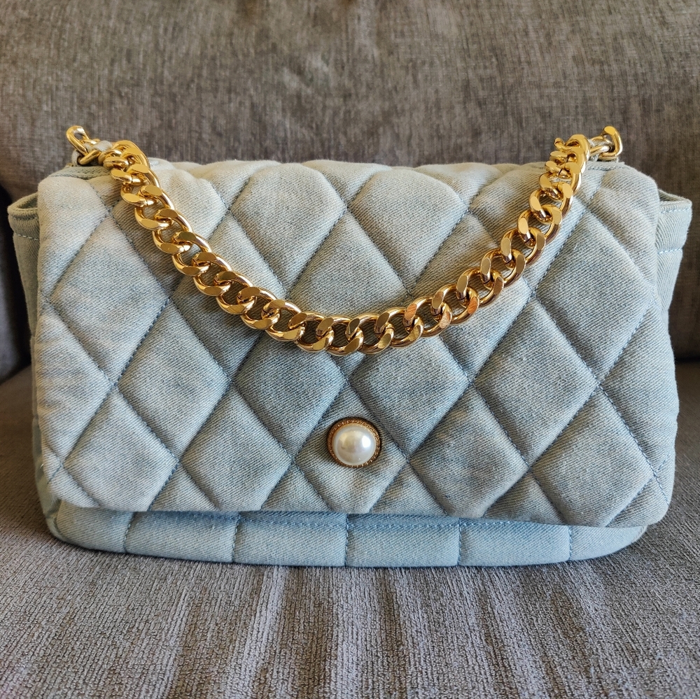 Just Fab Light Blue Denim Maxi Quilted Gold Chain Shoulder Bag